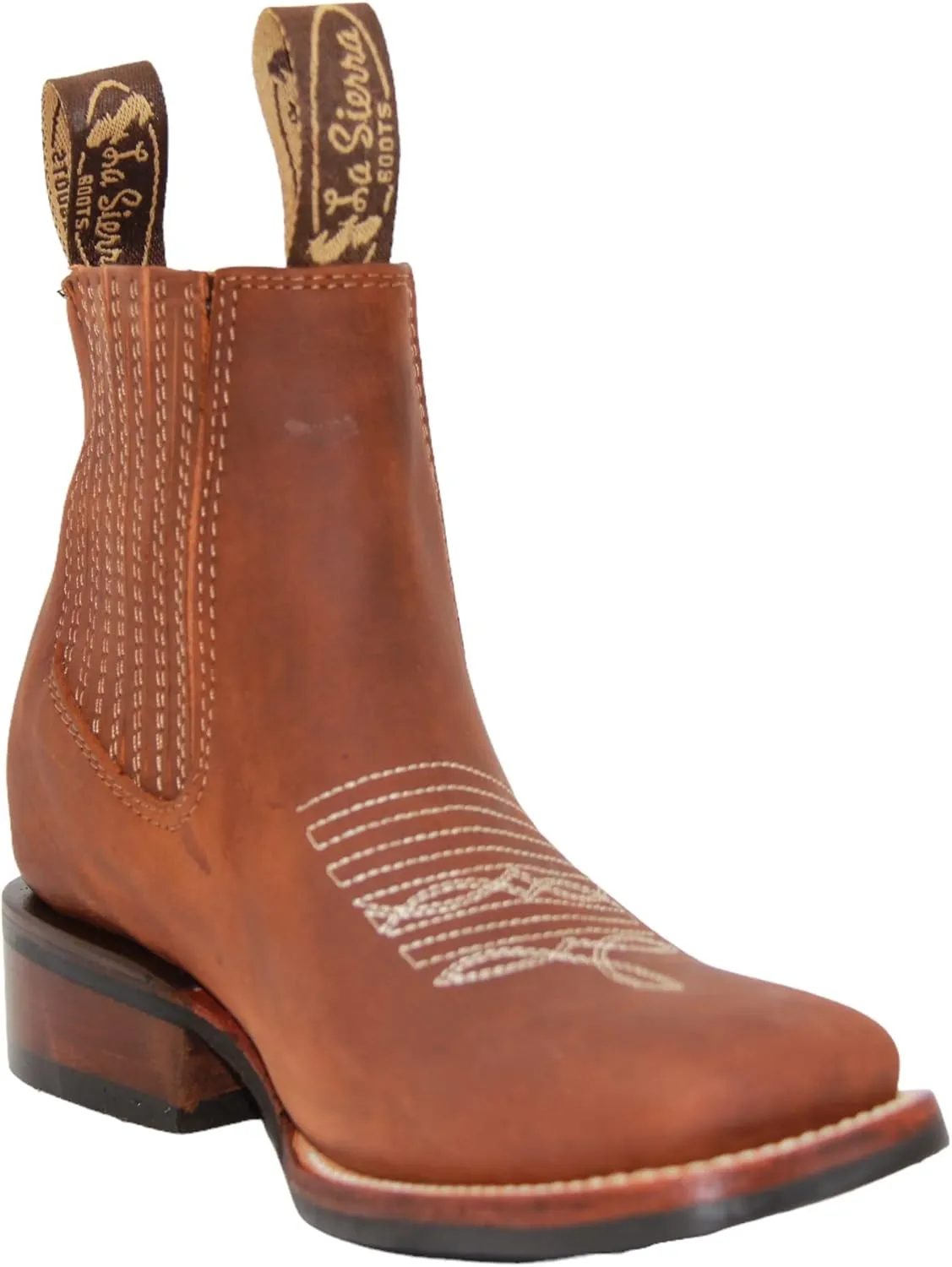 Women's Short Ankle Brown Leather Cowboy Boots, Low Heel Cowgirl Bootie