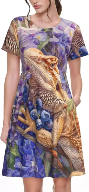 Women's Short Sleeve Round Neck Starry Night Sky Santa Claus Print A-Line Summer Casual Dress with Pockets,