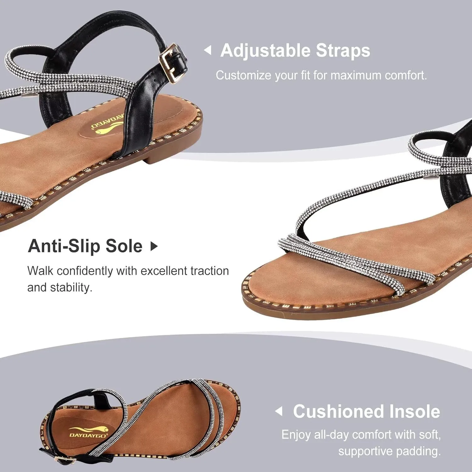 Women's Sparkle Rhinestone Flat Sandals with Back Elastic Ankle Strap, Comfortable Memory Foam Slip On Open Toe Shoes for Dressy or Everyday Summer Wear, Glitter Bling and for Work, Beach, Strappy Wedding Sandals