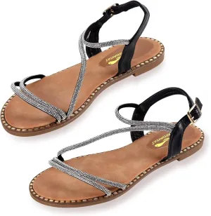 Women's Sparkle Rhinestone Flat Sandals with Back Elastic Ankle Strap, Comfortable Memory Foam Slip On Open Toe Shoes for Dressy or Everyday Summer Wear, Glitter Bling and for Work, Beach, Strappy Wedding Sandals