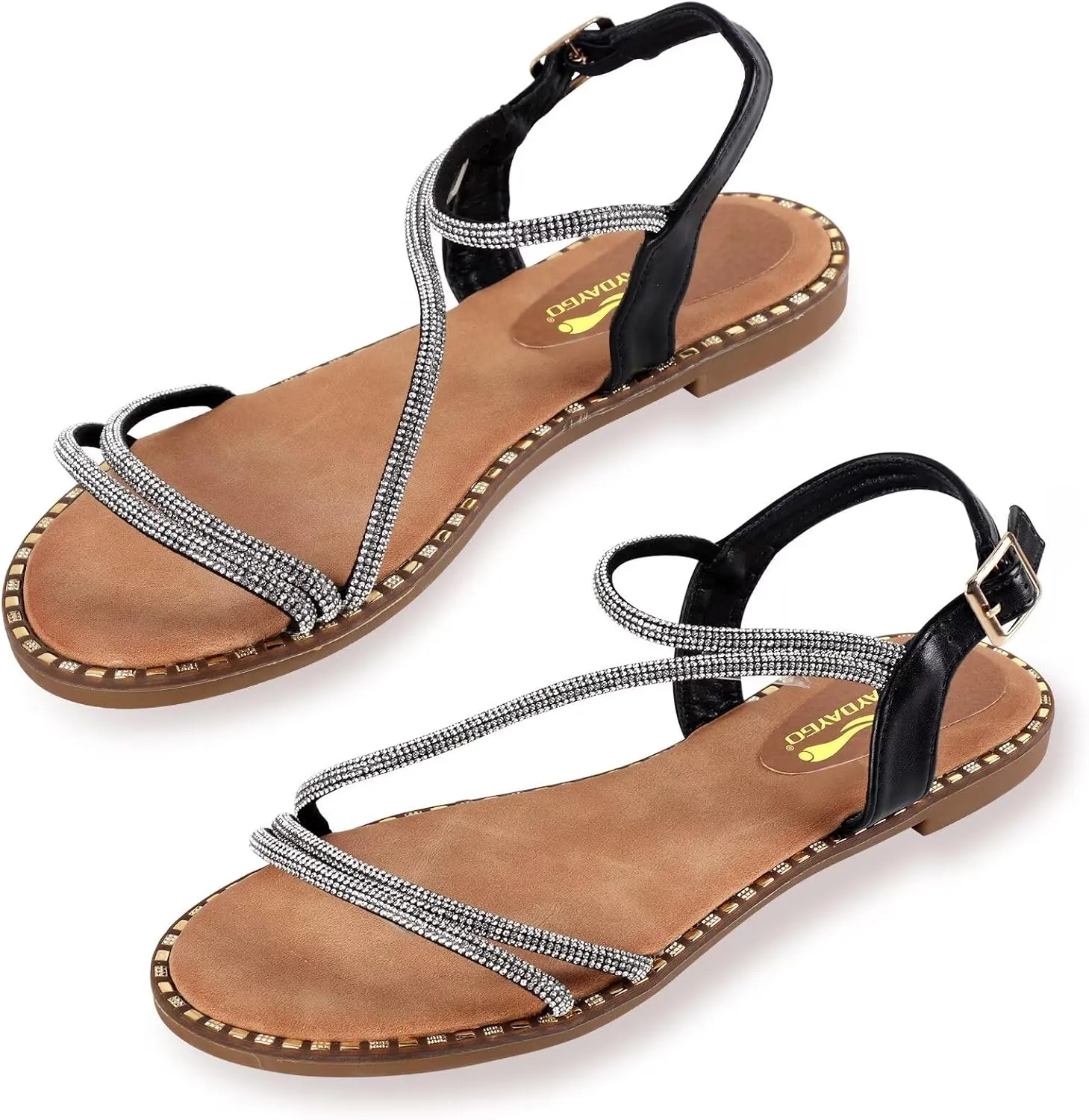 Women's Sparkle Rhinestone Flat Sandals with Back Elastic Ankle Strap, Comfortable Memory Foam Slip On Open Toe Shoes for Dressy or Everyday Summer Wear, Glitter Bling and for Work, Beach, Strappy Wedding Sandals