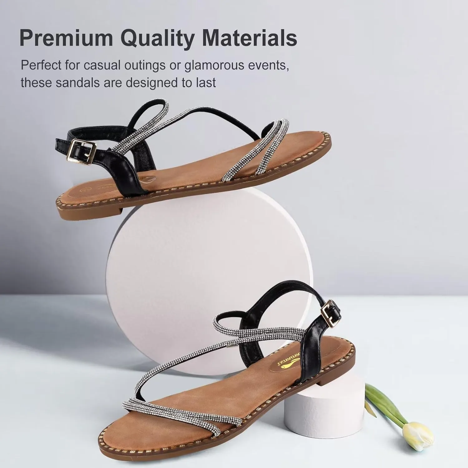 Women's Sparkle Rhinestone Flat Sandals with Back Elastic Ankle Strap, Comfortable Memory Foam Slip On Open Toe Shoes for Dressy or Everyday Summer Wear, Glitter Bling and for Work, Beach, Strappy Wedding Sandals