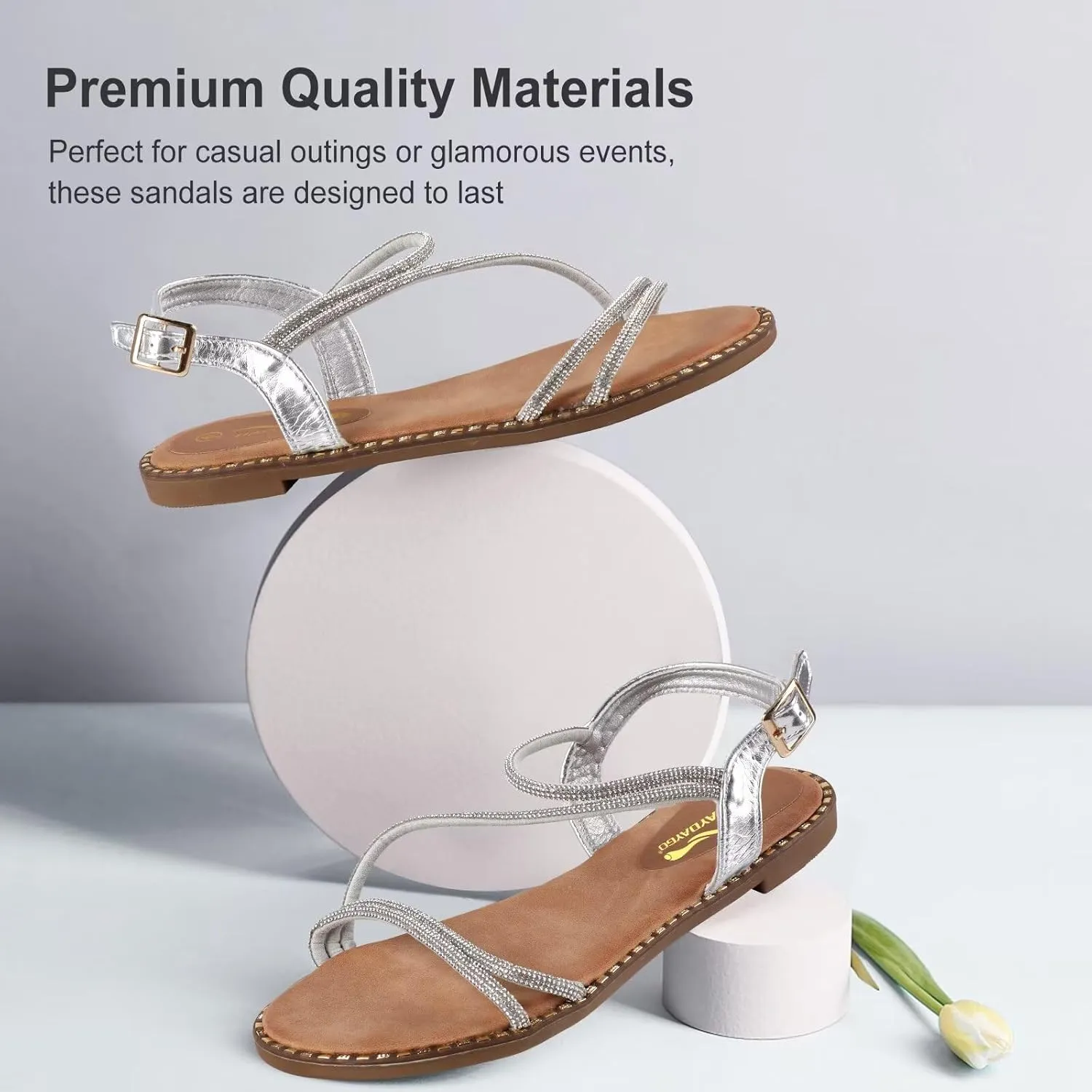 Women's Sparkle Rhinestone Flat Sandals with Back Elastic Ankle Strap, Comfortable Memory Foam Slip On Open Toe Shoes for Dressy or Everyday Summer Wear, Glitter Bling and for Work, Beach, Strappy Wedding Sandals