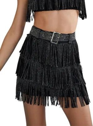 Womens Sparkle Rhinestone Fringe Skirt Elastic Waistband Short Mini Dress with Adjustable and Removable Belt
