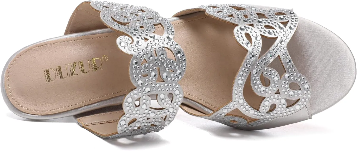 Womens Sparkly Kitten Heel Sandals,Ladies Summer Rhinestones Glitter Wedding Evening Slides Double Strap Dressy Casual Bling Low Heel Slip on Party Trendy Fancy Memory Foam Comfortable Shoe