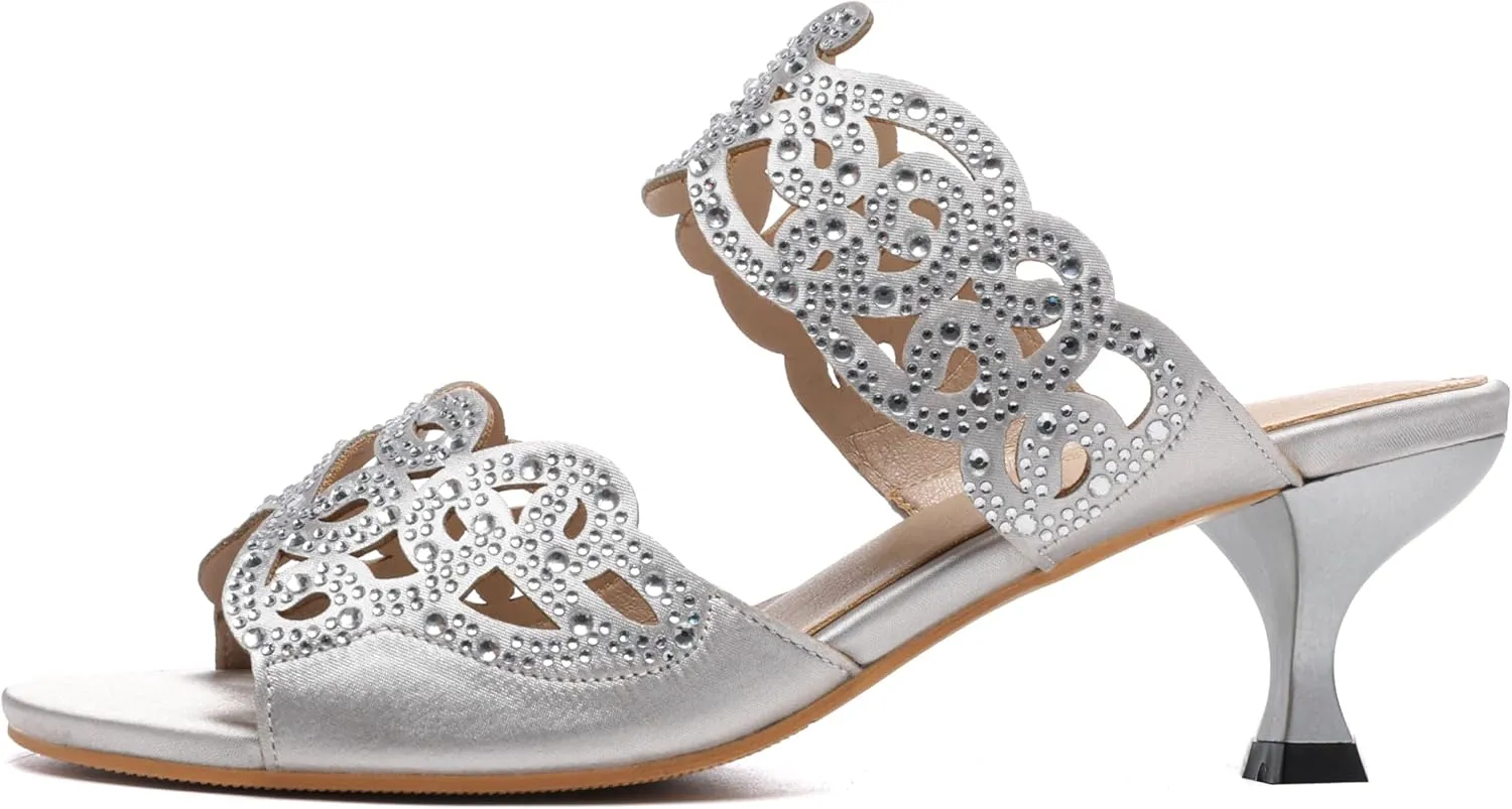 Womens Sparkly Kitten Heel Sandals,Ladies Summer Rhinestones Glitter Wedding Evening Slides Double Strap Dressy Casual Bling Low Heel Slip on Party Trendy Fancy Memory Foam Comfortable Shoe
