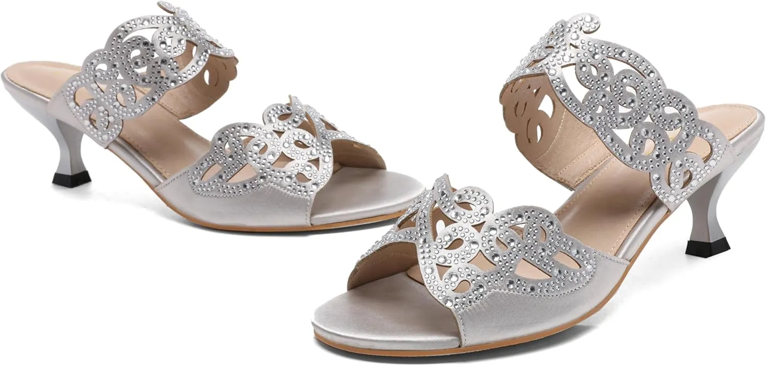 Womens Sparkly Kitten Heel Sandals,Ladies Summer Rhinestones Glitter Wedding Evening Slides Double Strap Dressy Casual Bling Low Heel Slip on Party Trendy Fancy Memory Foam Comfortable Shoe