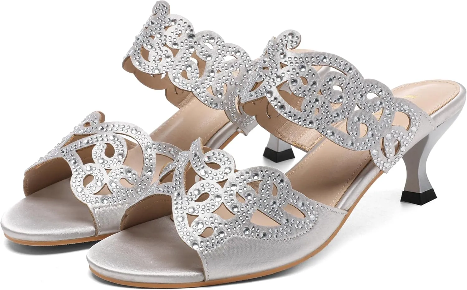 Womens Sparkly Kitten Heel Sandals,Ladies Summer Rhinestones Glitter Wedding Evening Slides Double Strap Dressy Casual Bling Low Heel Slip on Party Trendy Fancy Memory Foam Comfortable Shoe