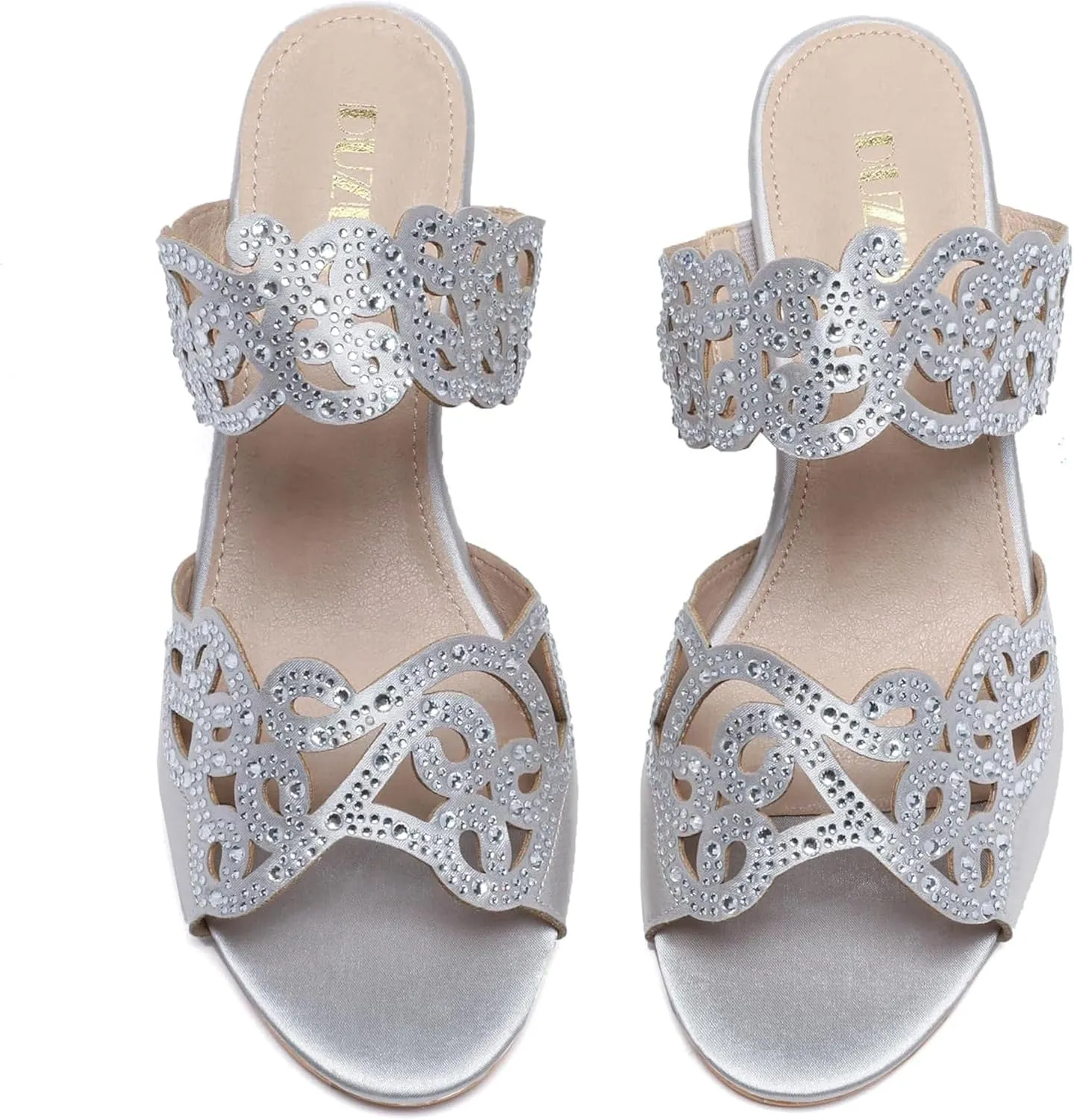 Womens Sparkly Kitten Heel Sandals,Ladies Summer Rhinestones Glitter Wedding Evening Slides Double Strap Dressy Casual Bling Low Heel Slip on Party Trendy Fancy Memory Foam Comfortable Shoe