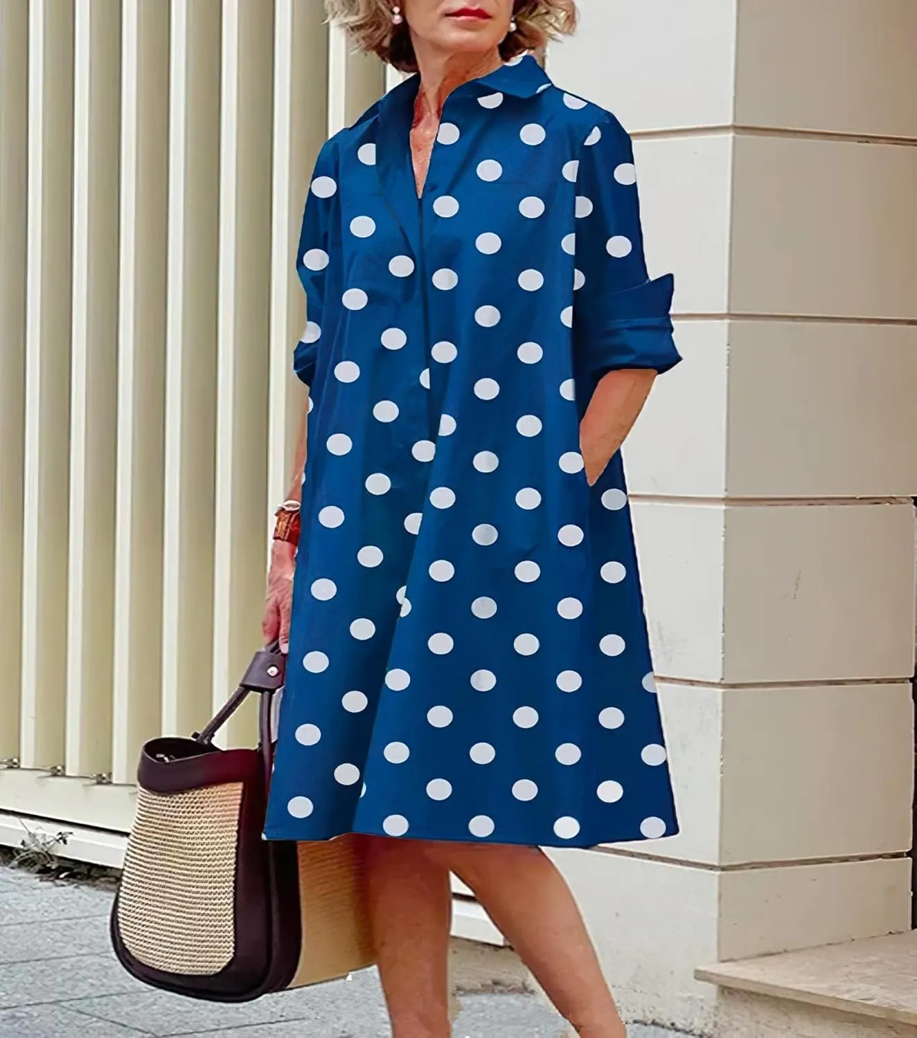 Women's Summer Button Down Shirt Dresses Losse Midi Casual Dress for Women Long Sleeve Shift Dress with Pocket