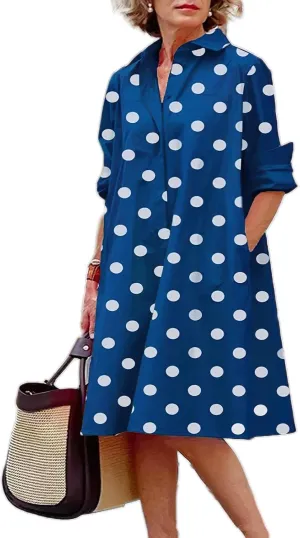 Women's Summer Button Down Shirt Dresses Losse Midi Casual Dress for Women Long Sleeve Shift Dress with Pocket