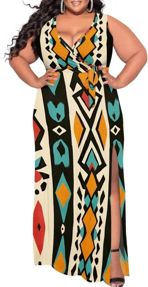 Women's Summer Sexy V-Neck Side Slit Dress Casual Fashion Sleeveless Flowing Cocktail Party Evening Dresses
