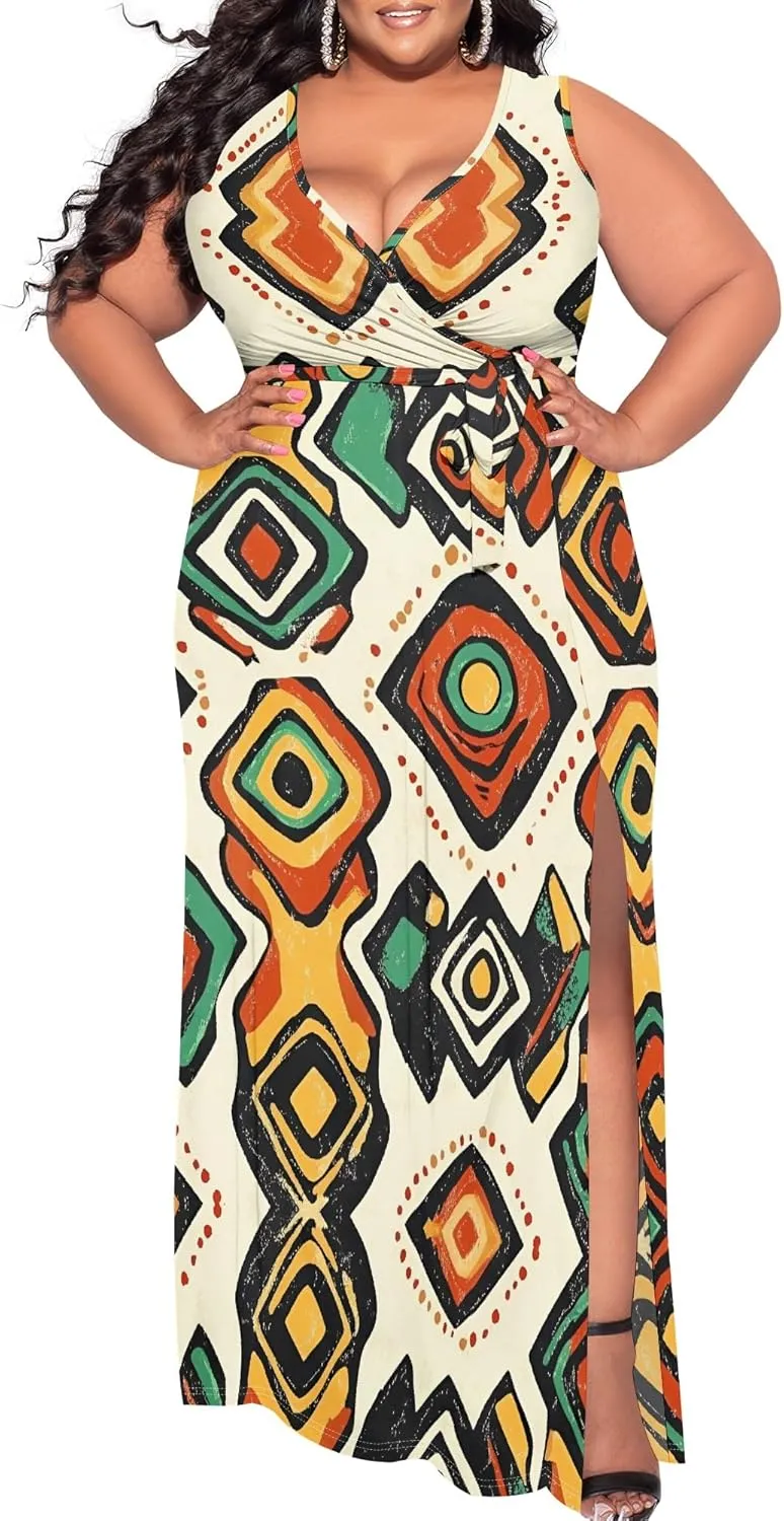Women's Summer Sexy V-Neck Side Slit Dress Casual Fashion Sleeveless Flowing Cocktail Party Evening Dresses