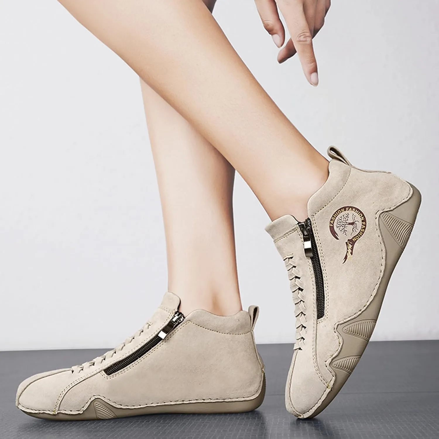 Women's Waterproof Suede Casual Ankle Boots for Hiking Camping & Driving All Season Fashion Round Toe Double Side Zipper High Top Comfortable Lightweight Outdoor Sports Sneakers