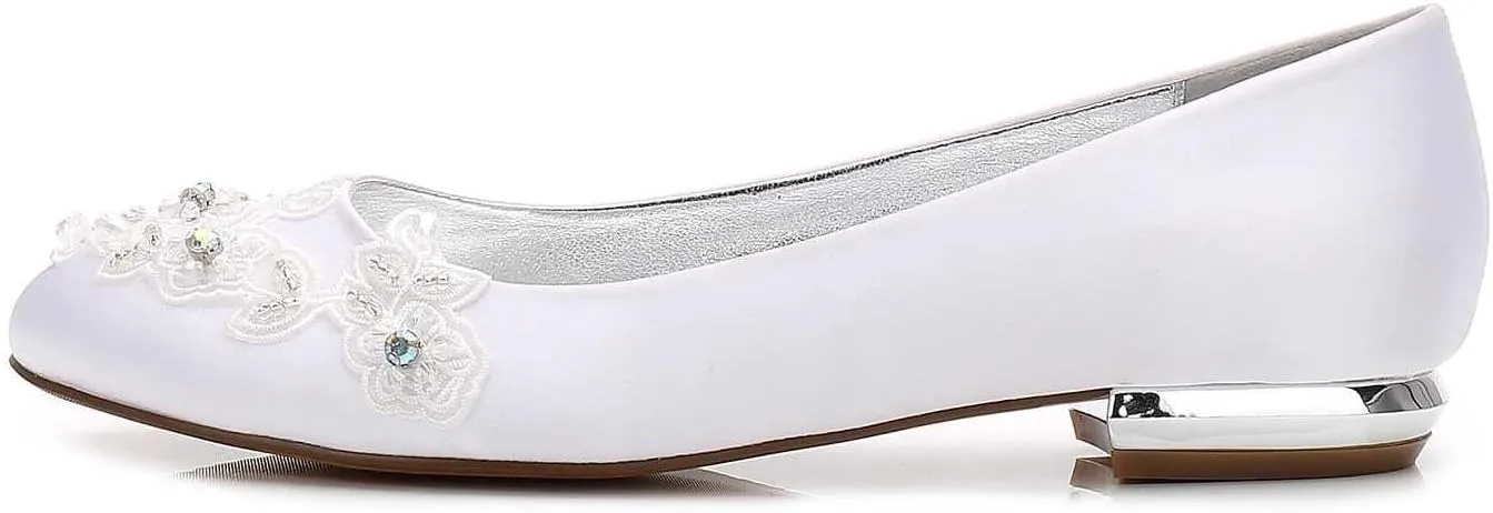 Womens Wedding Shoes Women's Closed-Toe Satin Wedding Flats with Pearl, Slip-On Design, Elegant Flats for The Bride, Proms, Evenings & Bridal Parties(White,8.5)