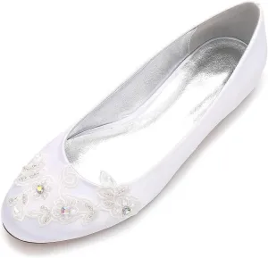 Womens Wedding Shoes Women's Closed-Toe Satin Wedding Flats with Pearl, Slip-On Design, Elegant Flats for The Bride, Proms, Evenings & Bridal Parties(White,8.5)