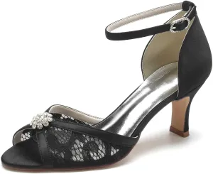 Womens Wedding Shoes Women's Wedding Shoes Rhinestone-Embellished Lace & Satin Low Heels, Peep Toe Pumps with Buckle, Elegant Evening & Dress Footwear for Brides & Bridal(Black,11/US)