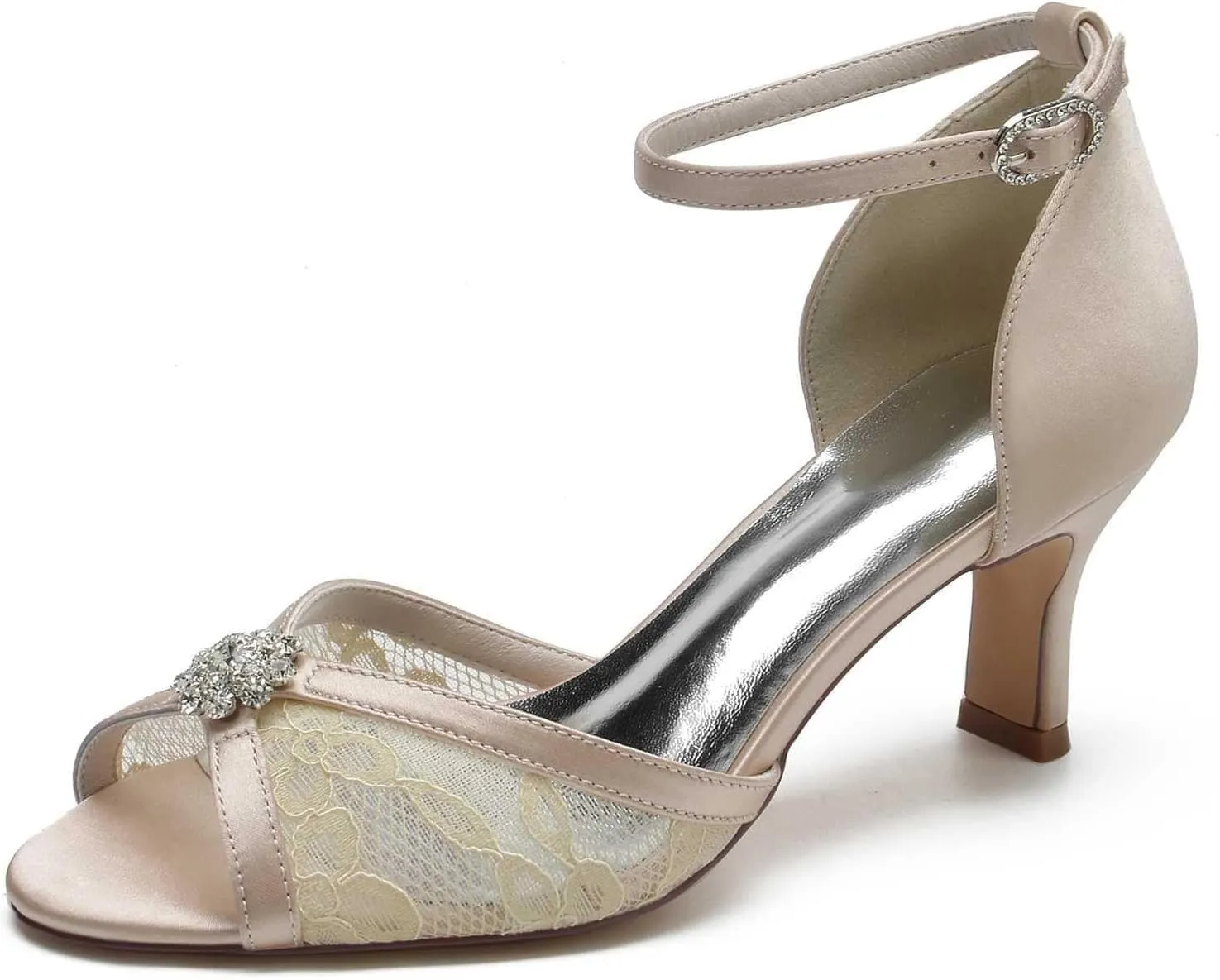 Womens Wedding Shoes Women's Wedding Shoes Rhinestone-Embellished Lace & Satin Low Heels, Peep Toe Pumps with Buckle, Elegant Evening & Dress Footwear for Brides & Bridal(Champagne,9/US)