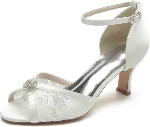 Womens Wedding Shoes Women's Wedding Shoes Rhinestone-Embellished Lace & Satin Low Heels, Peep Toe Pumps with Buckle, Elegant Evening & Dress Footwear for Brides & Bridal(Ivory,11.5/US)