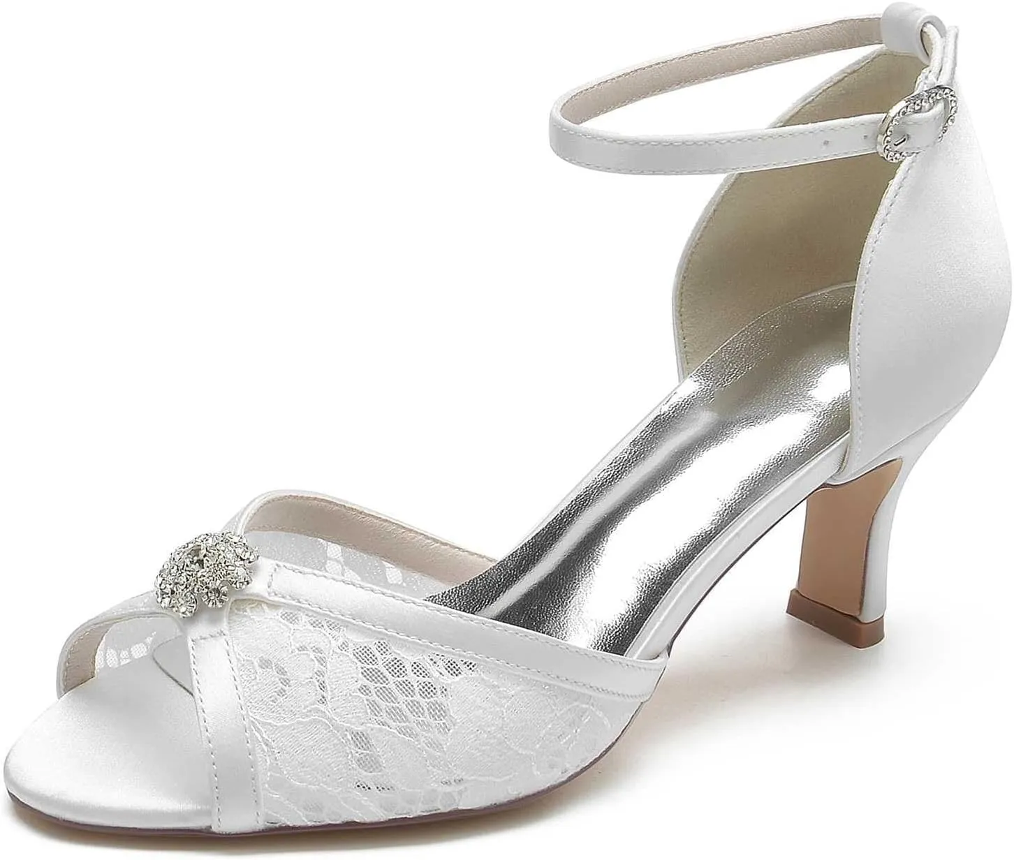 Womens Wedding Shoes Women's Wedding Shoes Rhinestone-Embellished Lace & Satin Low Heels, Peep Toe Pumps with Buckle, Elegant Evening & Dress Footwear for Brides & Bridal(White,7/US)