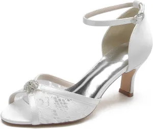Womens Wedding Shoes Women's Wedding Shoes Rhinestone-Embellished Lace & Satin Low Heels, Peep Toe Pumps with Buckle, Elegant Evening & Dress Footwear for Brides & Bridal(White,7/US)