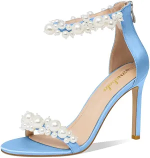 Women's White Heeled Sandals with Pearl Decoration Stiletto Heels Open Toe Back Zipper Wedding Sexy Elegant Summer High Heels Evening Party Shoes
