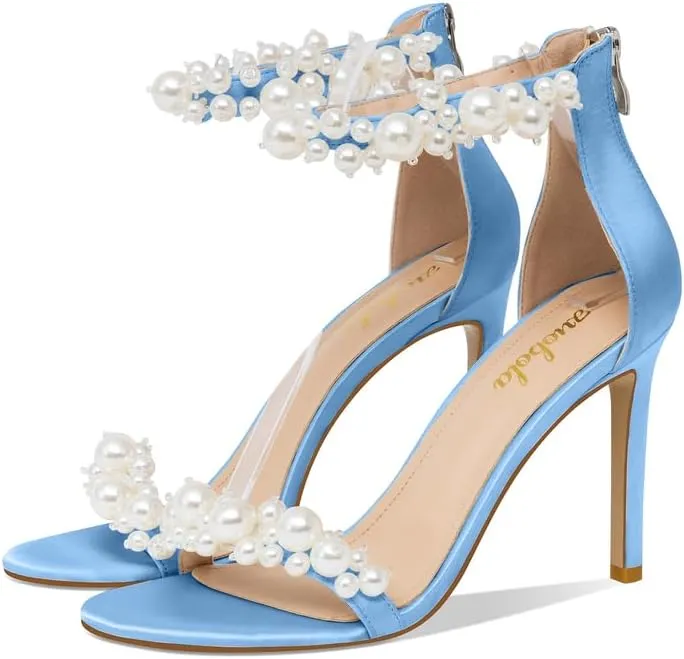 Women's White Heeled Sandals with Pearl Decoration Stiletto Heels Open Toe Back Zipper Wedding Sexy Elegant Summer High Heels Evening Party Shoes