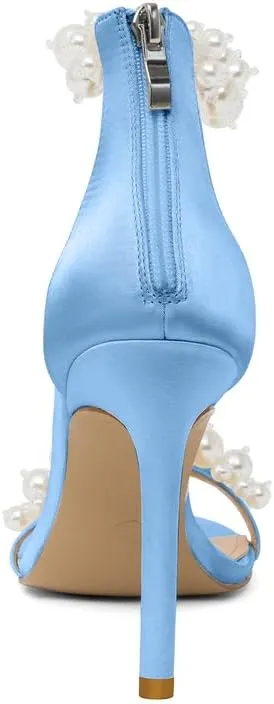 Women's White Heeled Sandals with Pearl Decoration Stiletto Heels Open Toe Back Zipper Wedding Sexy Elegant Summer High Heels Evening Party Shoes
