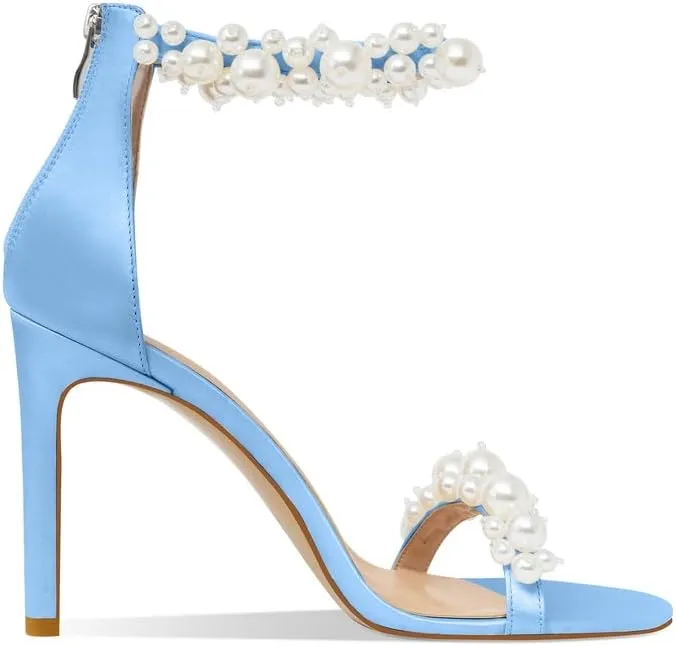 Women's White Heeled Sandals with Pearl Decoration Stiletto Heels Open Toe Back Zipper Wedding Sexy Elegant Summer High Heels Evening Party Shoes