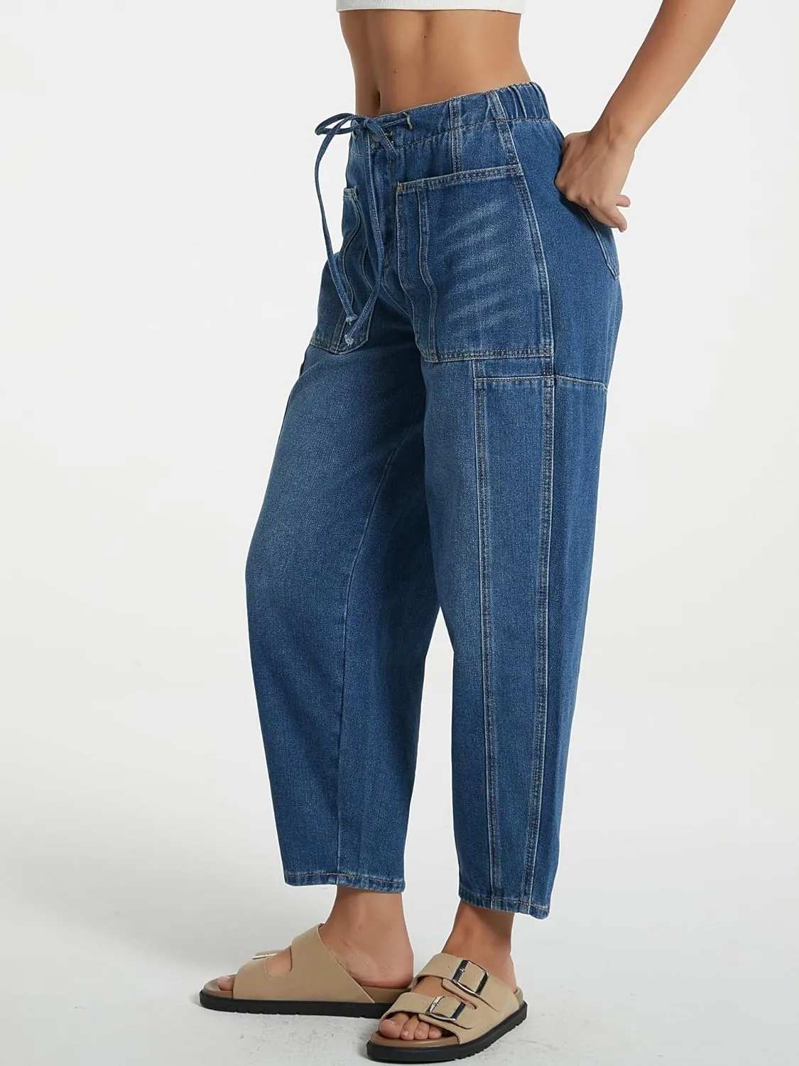 Women's Wide Leg Baggy Jeans Elastic Mid Rise Barrel Jean Loose Boyfriend Denim Pants with Drawstring