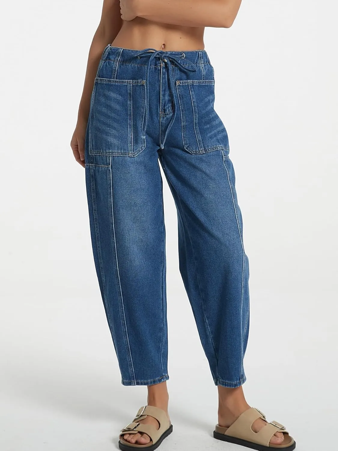 Women's Wide Leg Baggy Jeans Elastic Mid Rise Barrel Jean Loose Boyfriend Denim Pants with Drawstring