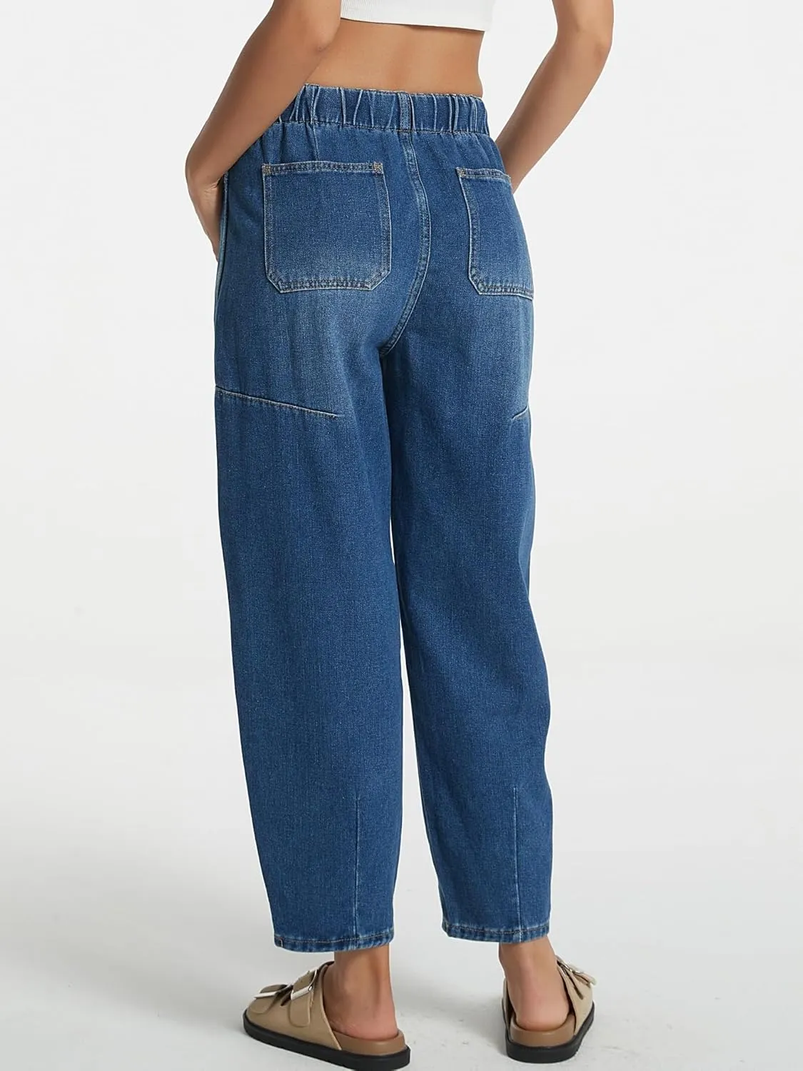 Women's Wide Leg Baggy Jeans Elastic Mid Rise Barrel Jean Loose Boyfriend Denim Pants with Drawstring