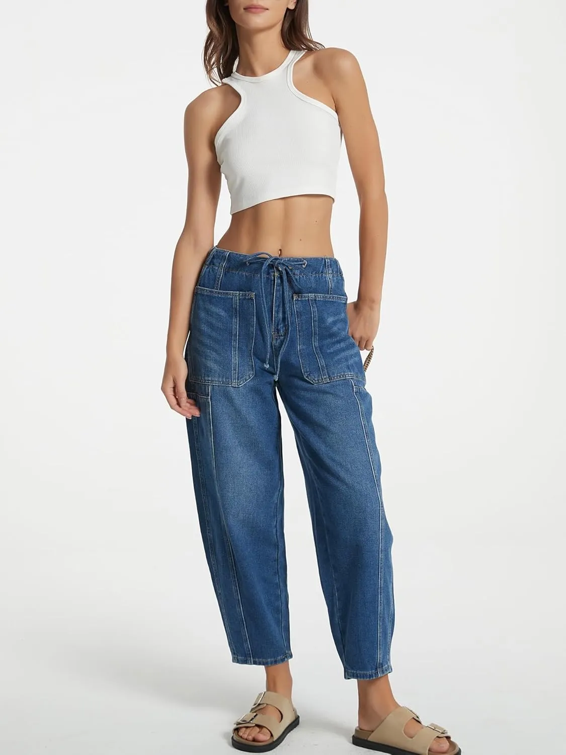 Women's Wide Leg Baggy Jeans Elastic Mid Rise Barrel Jean Loose Boyfriend Denim Pants with Drawstring