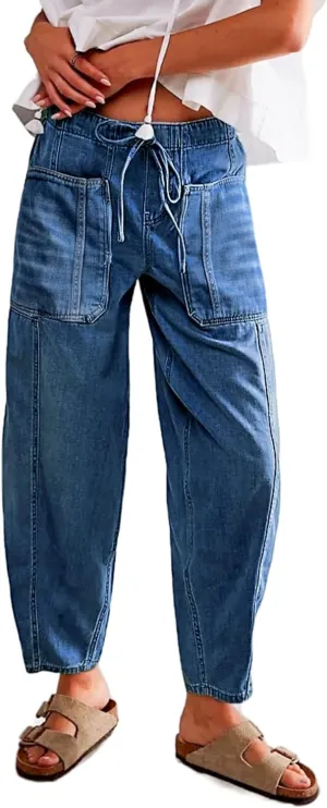 Women's Wide Leg Baggy Jeans Elastic Mid Rise Barrel Jean Loose Boyfriend Denim Pants with Drawstring