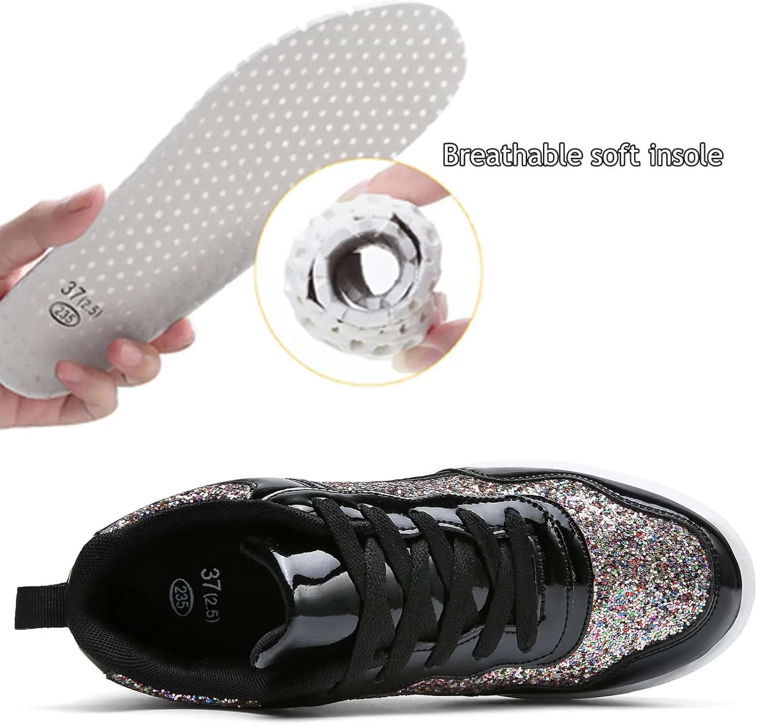WUIWUIYU Women's Girls' Wedge Platform Shiny PU Sparkly Sequins Glitter Lace-Up Sneakers Street Dance Shoes