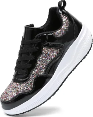 WUIWUIYU Women's Girls' Wedge Platform Shiny PU Sparkly Sequins Glitter Lace-Up Sneakers Street Dance Shoes