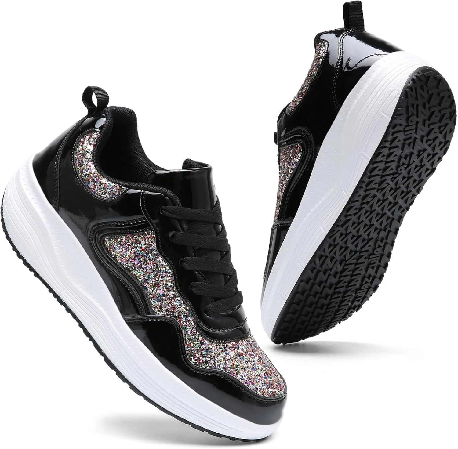 WUIWUIYU Women's Girls' Wedge Platform Shiny PU Sparkly Sequins Glitter Lace-Up Sneakers Street Dance Shoes