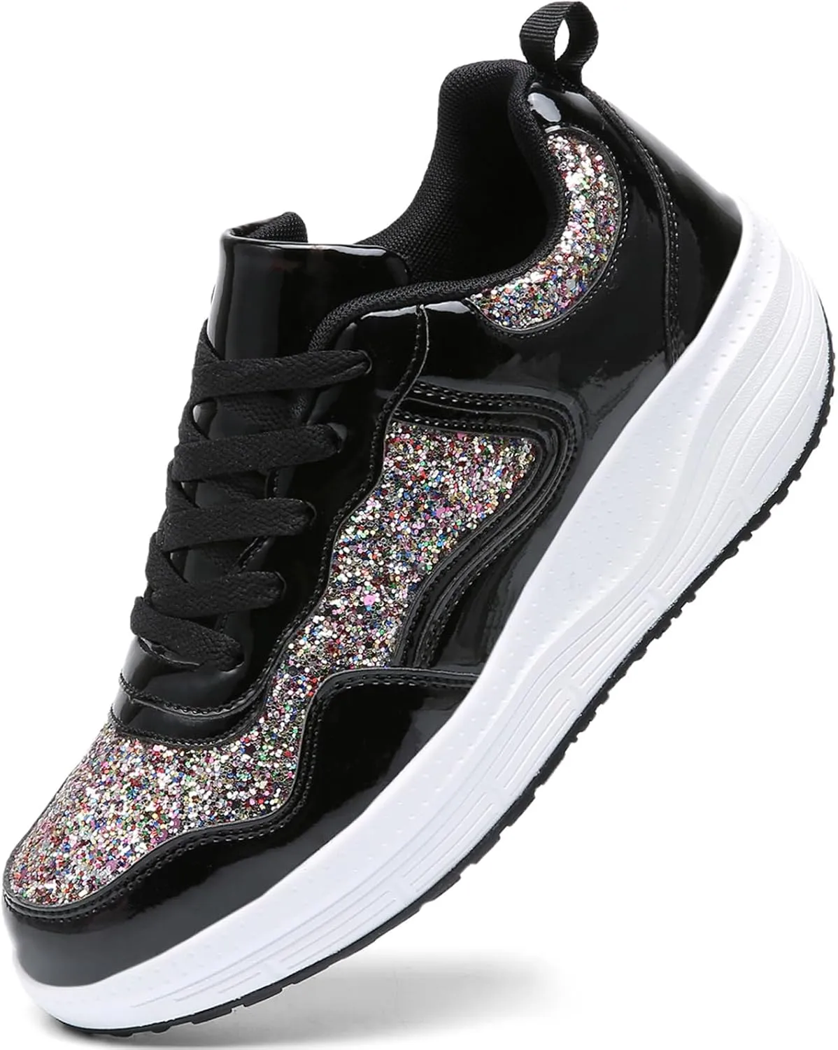WUIWUIYU Women's Girls' Wedge Platform Shiny PU Sparkly Sequins Glitter Lace-Up Sneakers Street Dance Shoes