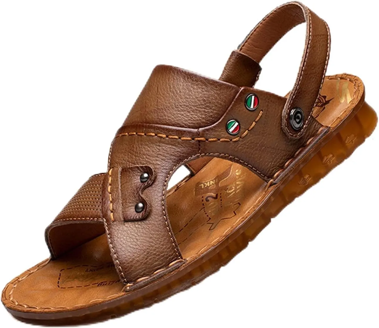 Wygwlg Men Genuine Leather Sandals, Summer Fashion Trend Beach Shoes Slippers, Comfortable Walking,Brown-41