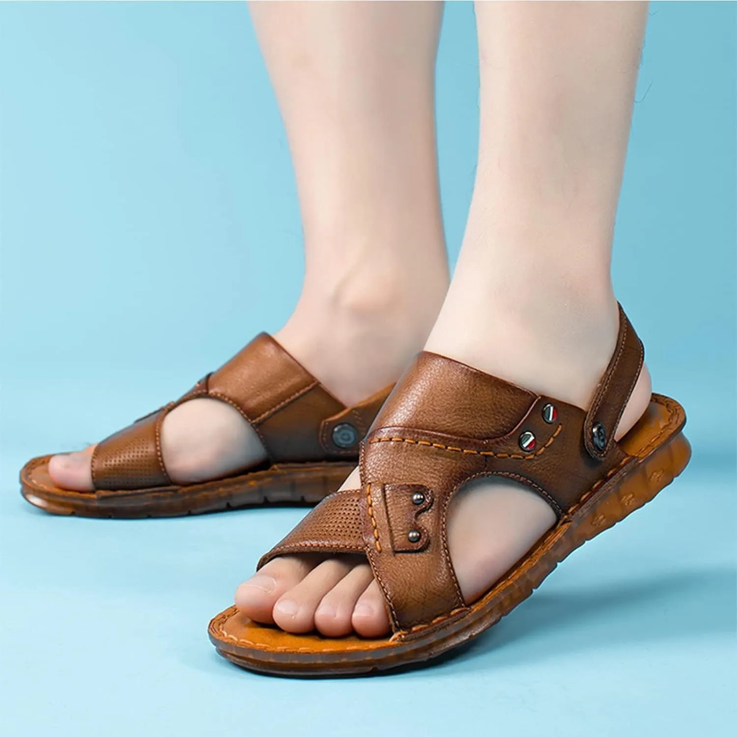 Wygwlg Men Genuine Leather Sandals, Summer Fashion Trend Beach Shoes Slippers, Comfortable Walking,Brown-41