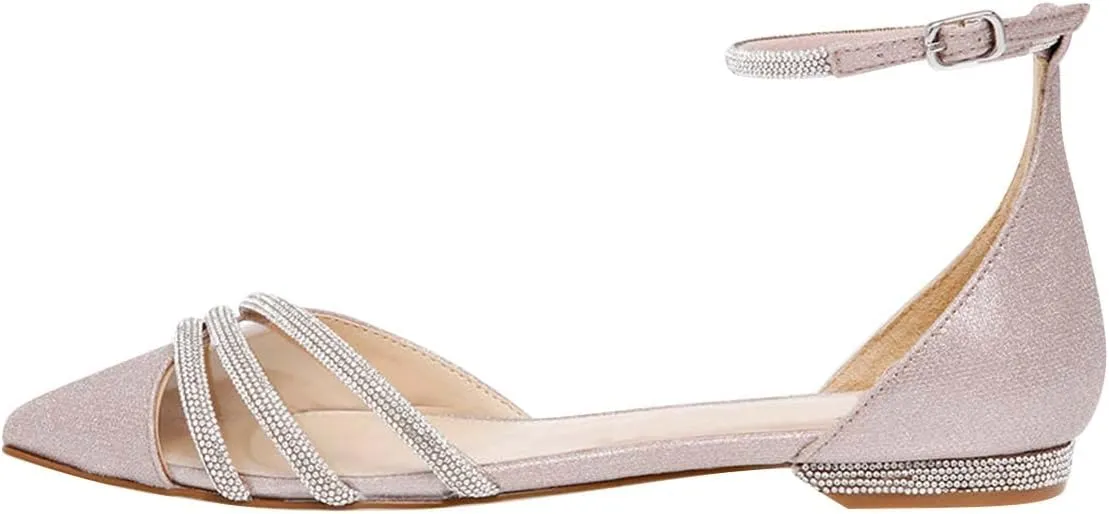 XYD Women Clear Pointed Toe D'Orsay Wedding Flat Sandals Glitter Rhinestones Ankle Strap Low Heel Dressy Bridal Shoes with Buckle