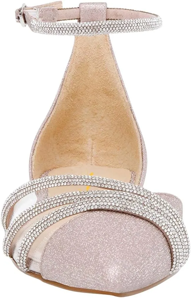 XYD Women Clear Pointed Toe D'Orsay Wedding Flat Sandals Glitter Rhinestones Ankle Strap Low Heel Dressy Bridal Shoes with Buckle