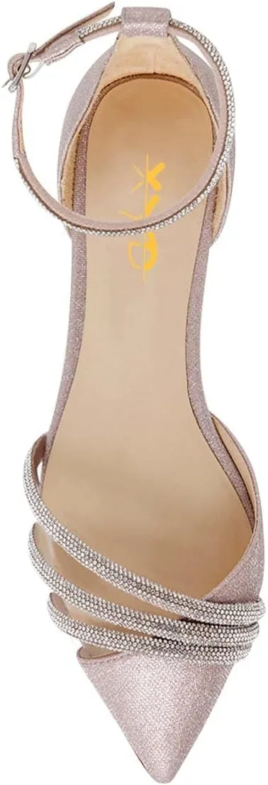 XYD Women Clear Pointed Toe D'Orsay Wedding Flat Sandals Glitter Rhinestones Ankle Strap Low Heel Dressy Bridal Shoes with Buckle
