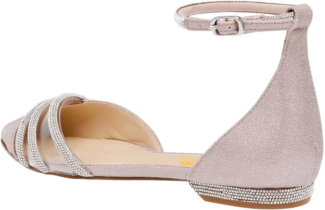 XYD Women Clear Pointed Toe D'Orsay Wedding Flat Sandals Glitter Rhinestones Ankle Strap Low Heel Dressy Bridal Shoes with Buckle