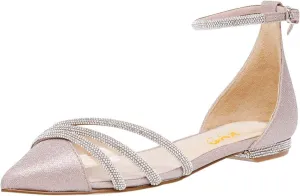 XYD Women Clear Pointed Toe D'Orsay Wedding Flat Sandals Glitter Rhinestones Ankle Strap Low Heel Dressy Bridal Shoes with Buckle
