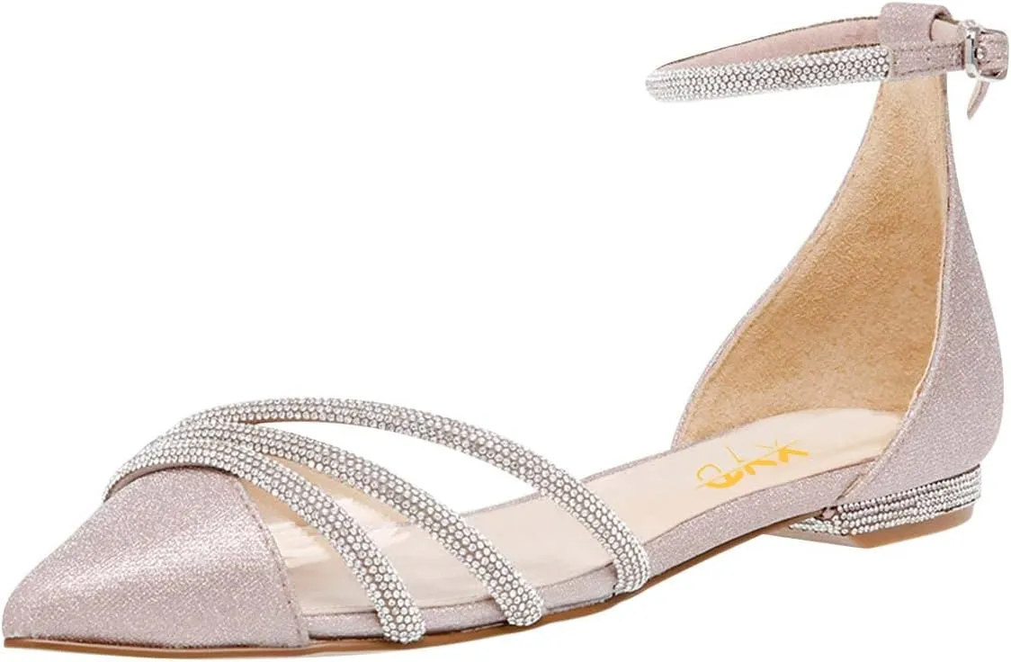XYD Women Clear Pointed Toe D'Orsay Wedding Flat Sandals Glitter Rhinestones Ankle Strap Low Heel Dressy Bridal Shoes with Buckle