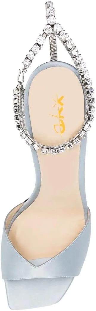 XYD Women's Chunky Block Heel Sandals Crystal Chain Ankle Strap Square Open Toe Pumps Stylish Evening Party Prom Shoes