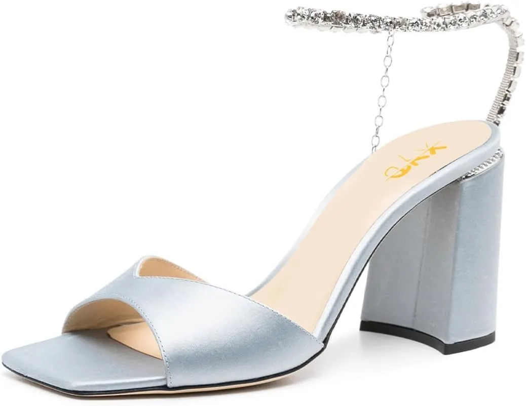 XYD Women's Chunky Block Heel Sandals Crystal Chain Ankle Strap Square Open Toe Pumps Stylish Evening Party Prom Shoes