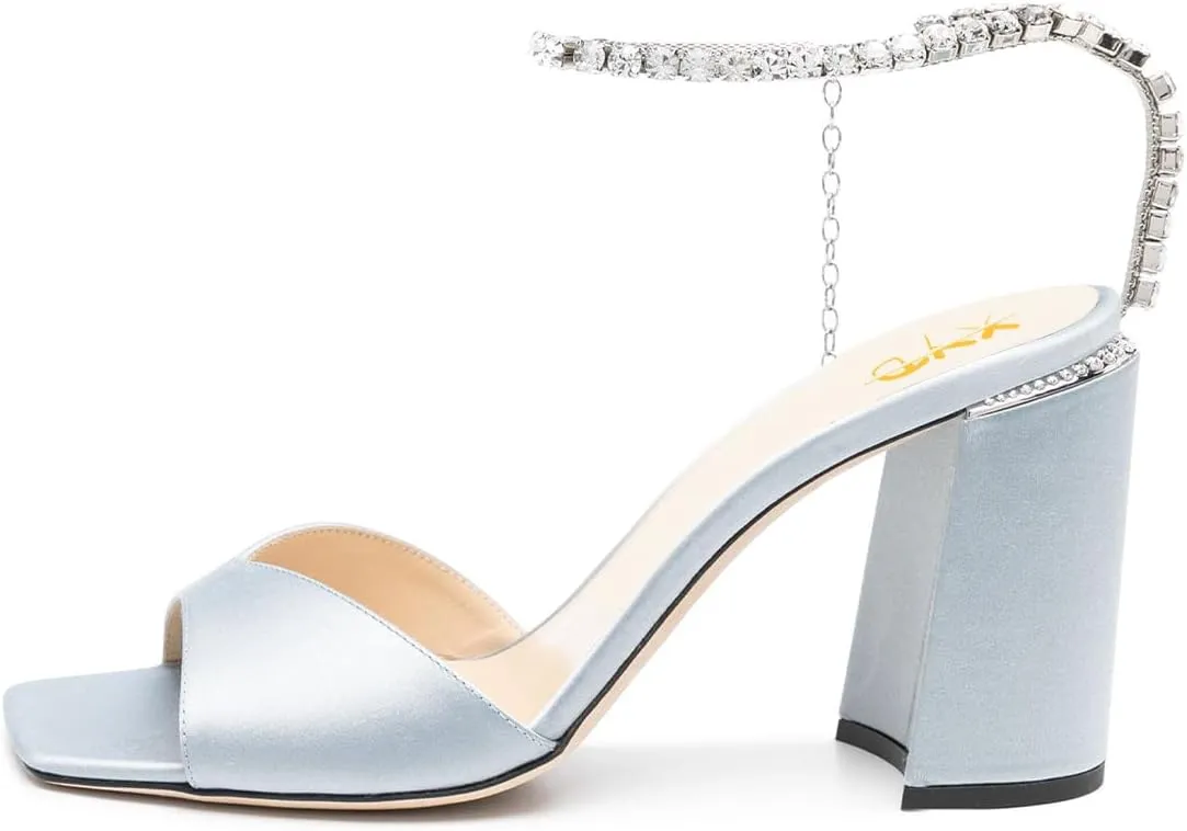 XYD Women's Chunky Block Heel Sandals Crystal Chain Ankle Strap Square Open Toe Pumps Stylish Evening Party Prom Shoes