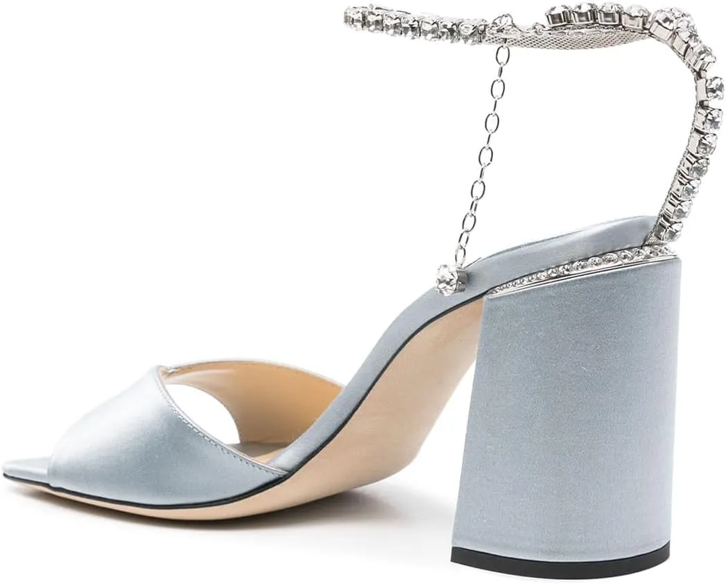 XYD Women's Chunky Block Heel Sandals Crystal Chain Ankle Strap Square Open Toe Pumps Stylish Evening Party Prom Shoes